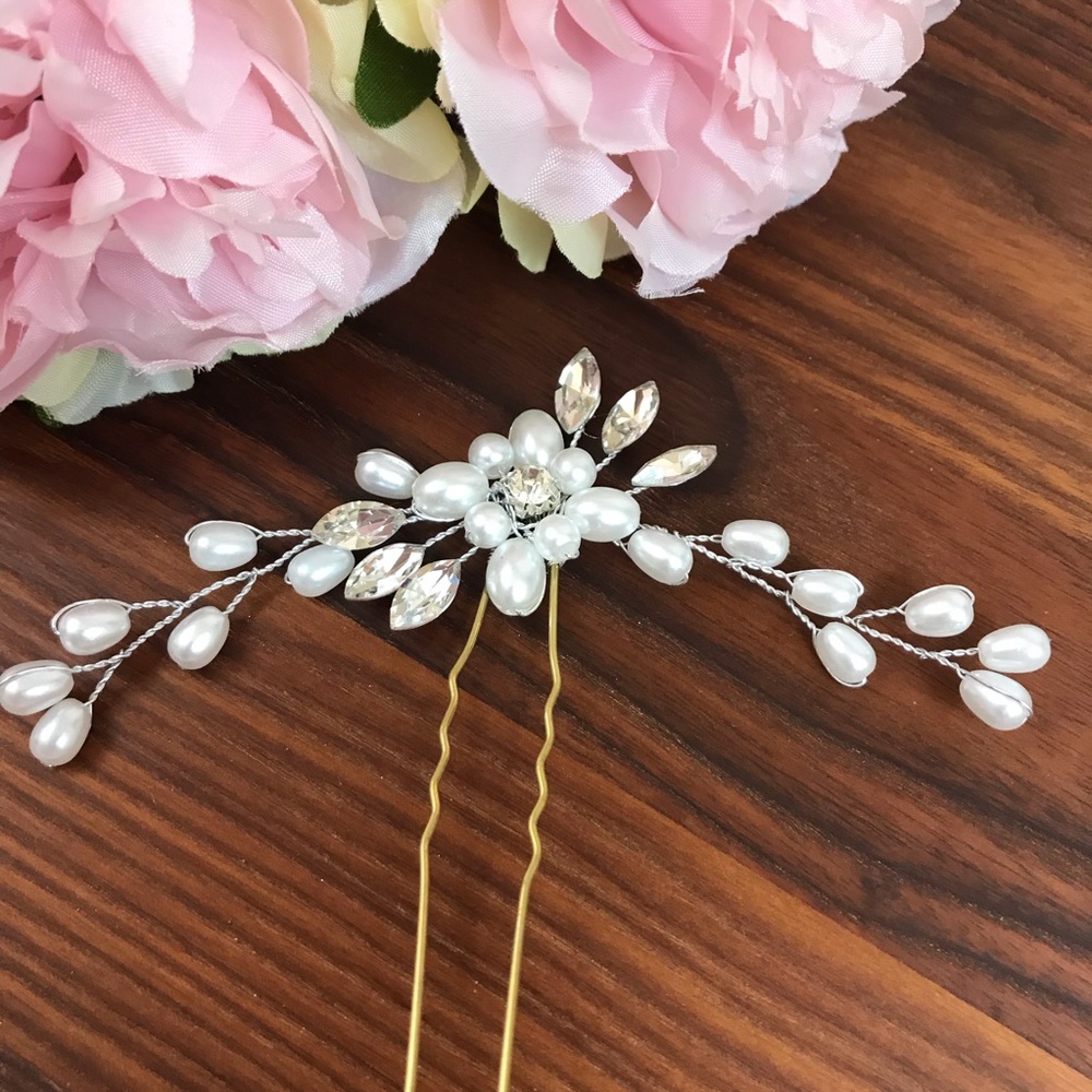 2 Pcs Crystal & Pearl Floral Vine Bridal Hair Pin - Picture 3 of 7